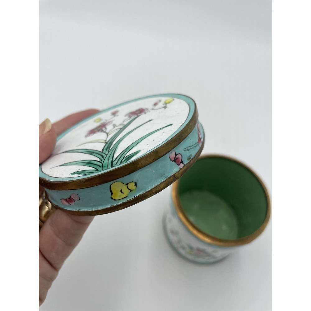 Antique Chinese Canton Enamel Round Lidded Tea Caddy Hand-Painted Birds Flowers - Picture 11 of 13